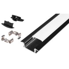 Profil LED aluminiowy wpuszczany czarny z Mlecznym Kloszem i Zaślepkami 2m